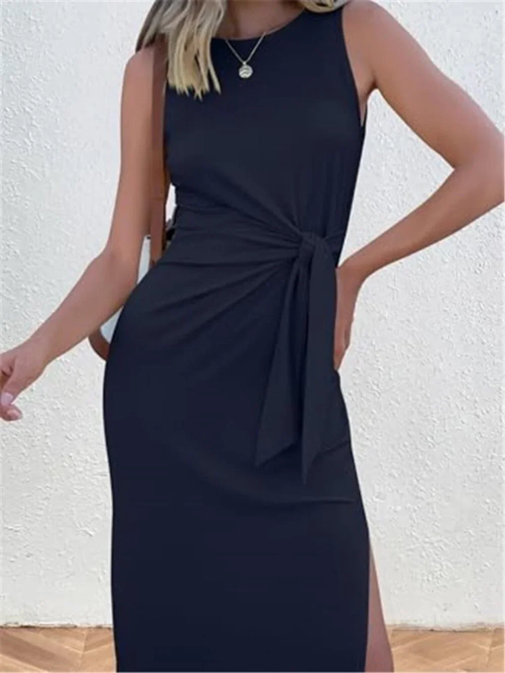 Women's Summer Casual Sleeveless T Shirt Midi Dress Slim Fit Tie Waist